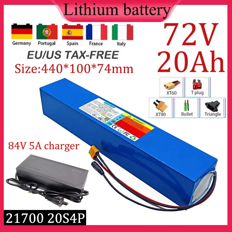 72V 20Ah 20S4P 21700 lithium battery pack with the Same Port 40A BMS 0-3000W high-power for Power tools spare batteries+charger