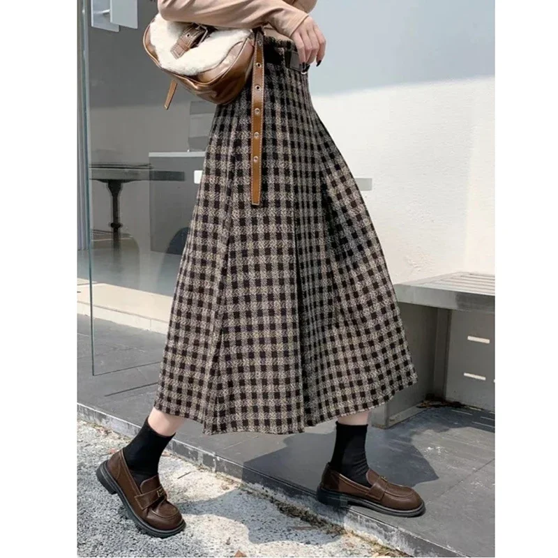 Vintage Faux Woolen Belt Skirts Women Fall Winter High Waist Loose Plaid Midi Skirt Retro Office Lady All Match A Line Skirt New