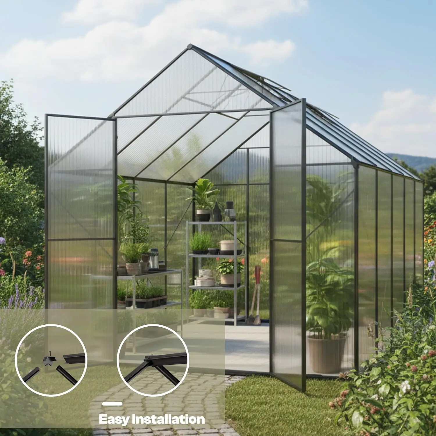 8x10ft Walk-in Greenhouse for Outdoors, Large Polycarbonate Greenhouses with Heavy Duty Aluminum Frame, Adjustable Roof Vent
