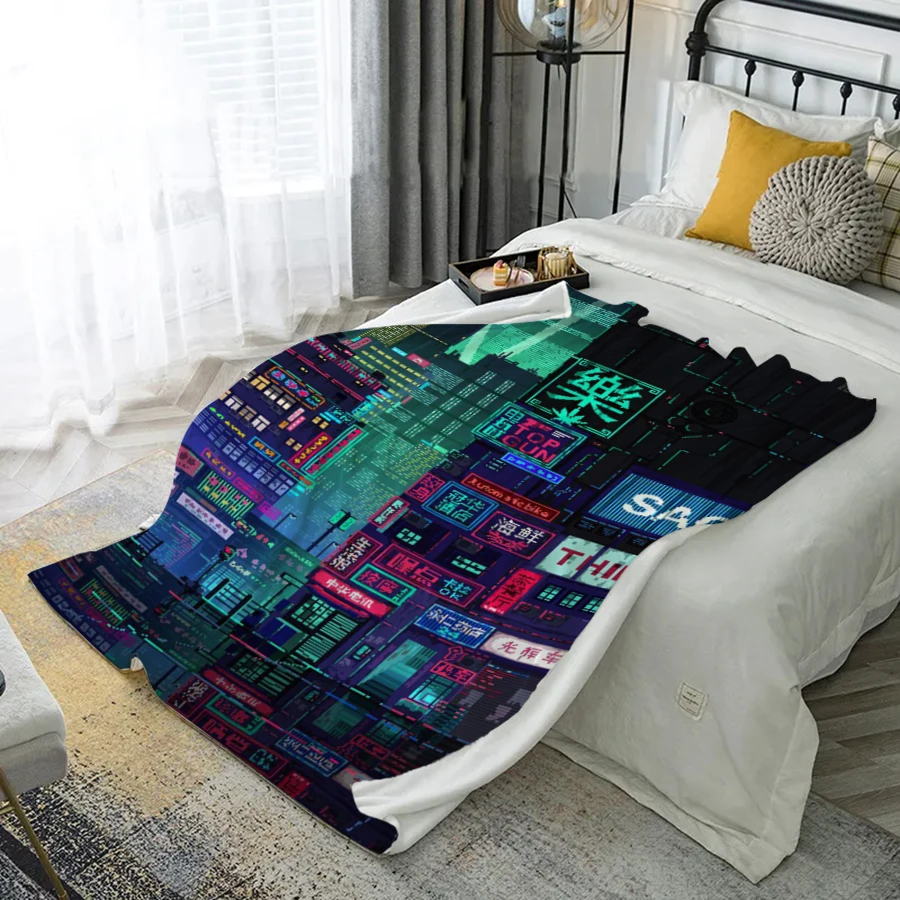 

Cyber City Pattern Microfiber Flannel Cover Blanket Bedroom Living Room Sofa Soft And Comfortable Home Decoration