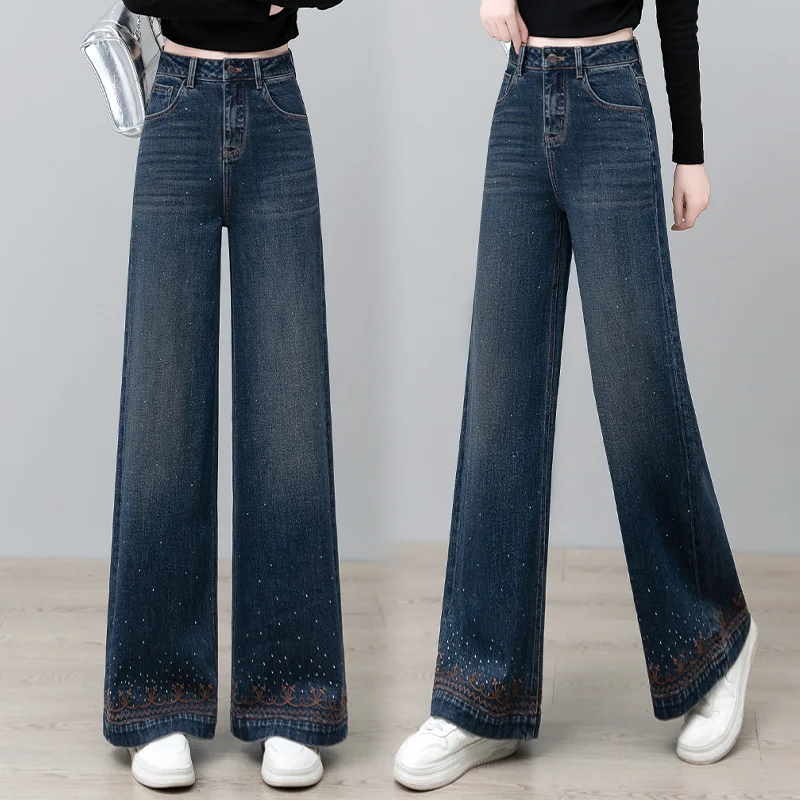

Винтажные синие широкие джинсы для женщин, весенне-осенние новые утягивающие прямые брюки с высокой талией и вышивкой стразами