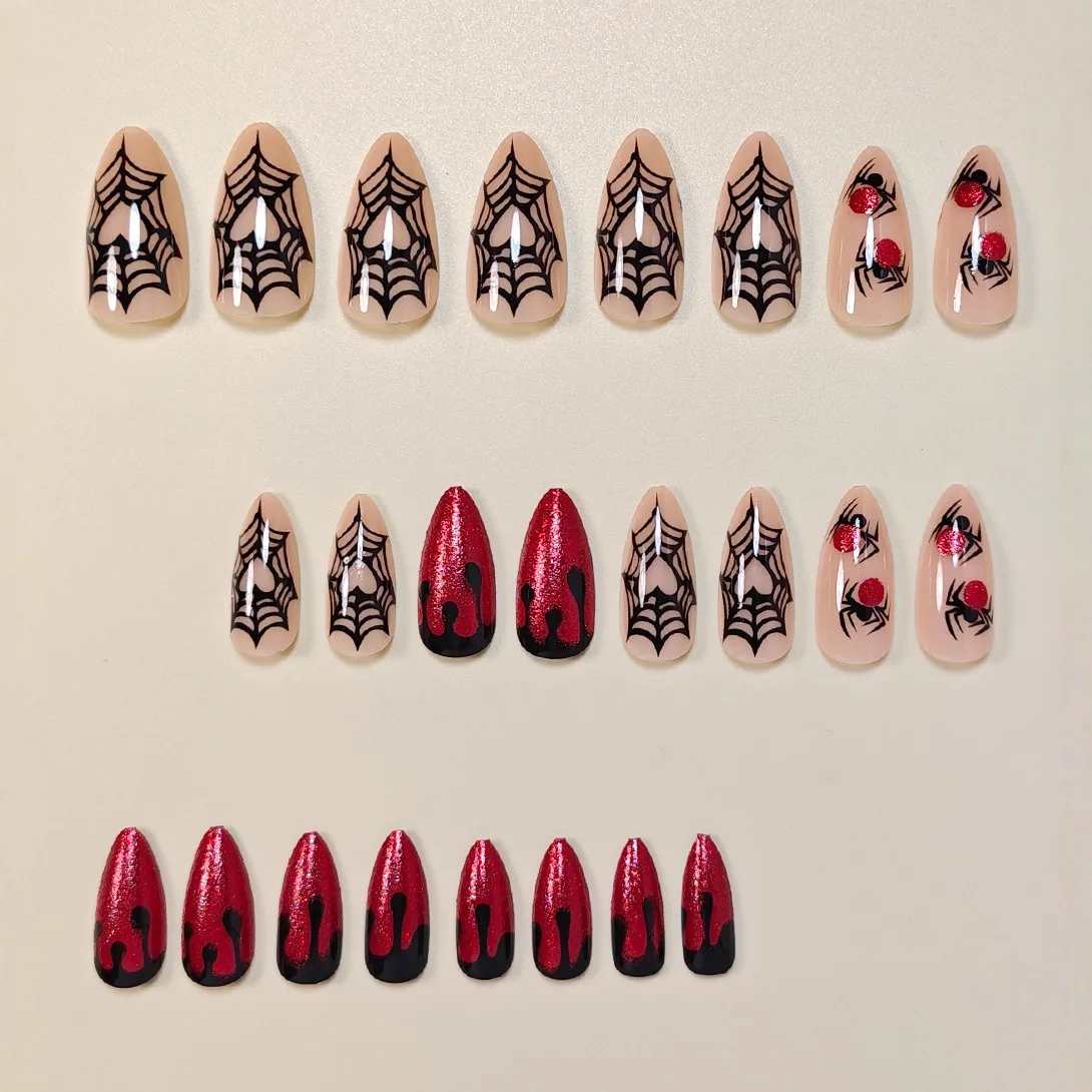 24 pièces brillant rouge strass faux ongles conseils Halloween toile d'araignée impression presse sur ongles portable réutilisable rouge amande faux ongles