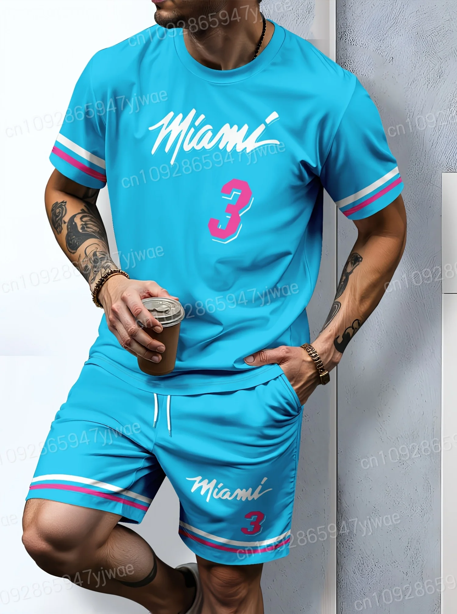 Summer Stripe Miami 3 Printed Men's Suit 2 Pieces Set Casual Suit Sport Wear T-Shirt Set Men's Tracksuit Plus Size Men Clothing