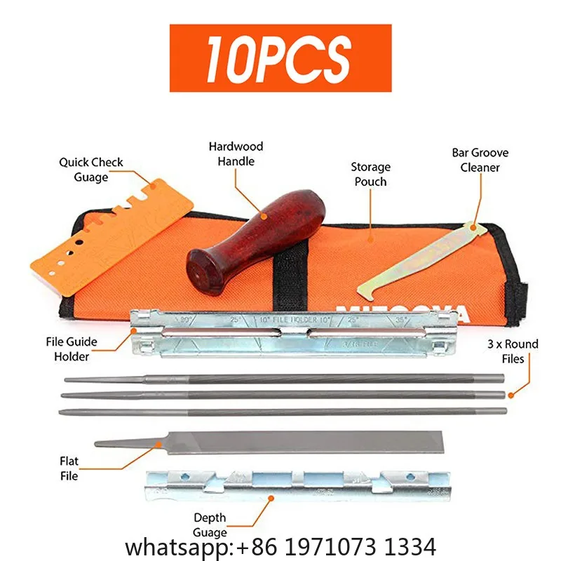 10/11/12 Pcs Chainsaw Chain Sharpening Kit with Round/Flat Files, Hardwood Handle, and Guide Bar