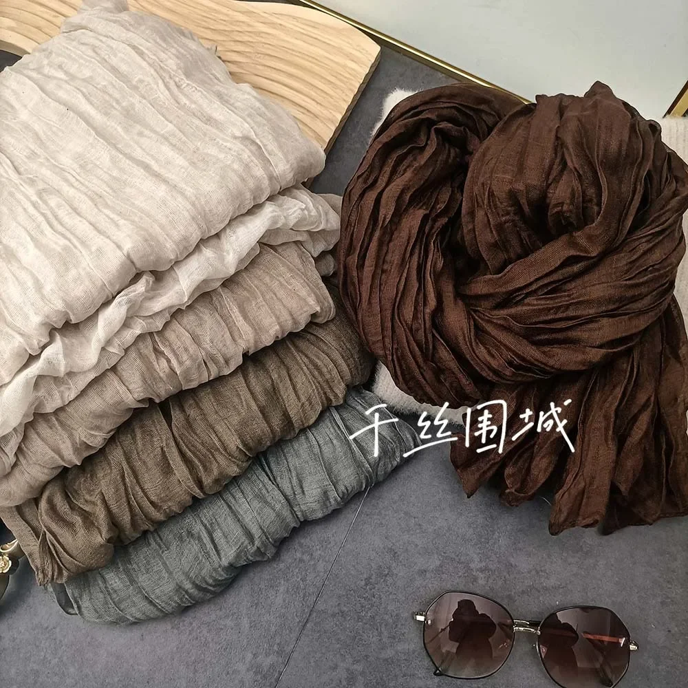 Solid Color Cotton Linen Scarf Retro Autumn Winter New Pleated Green Retro Thin Long Strip Shawl Men and Women's Warm Silk