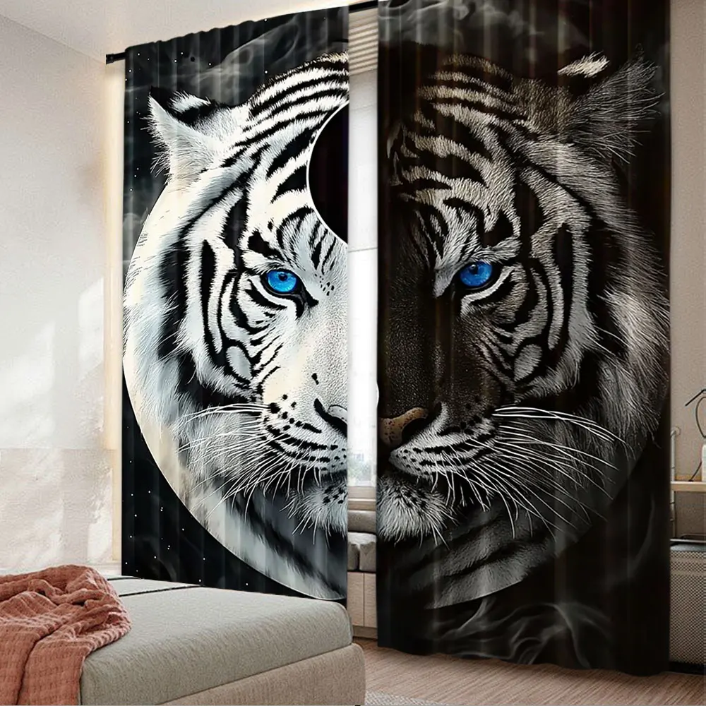 2Pcs Cool Tai Chi Tiger Pattern Curtains Fashion Chic Curtains Suitable For Bedroom Bathroom Living Room Dining Room Study Room