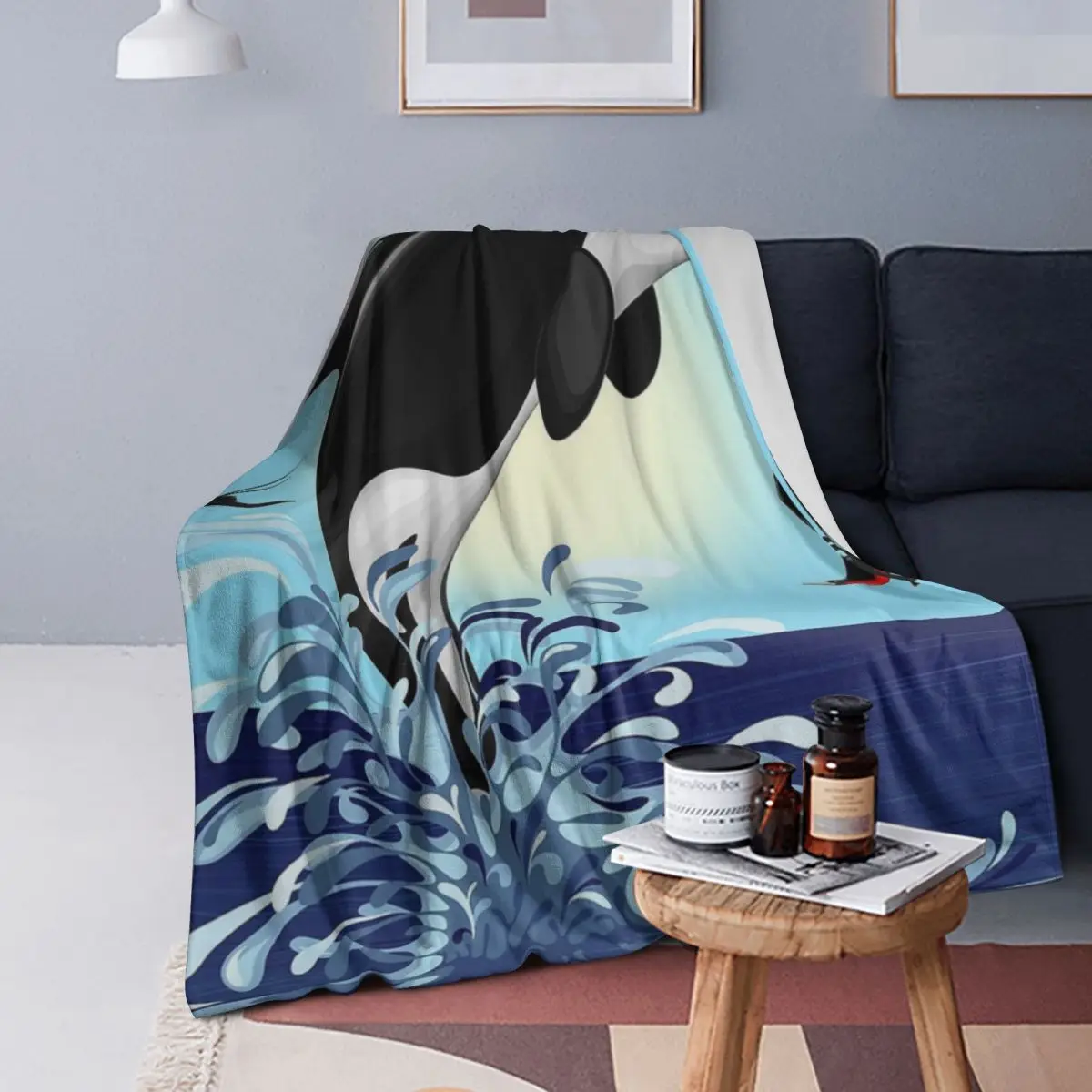 

Orca Killer Whale Jumping Out The Ocean Blanket Soft Flannel Throw Blanket Plush for Bed Living room Picnic Travel Home Sofa