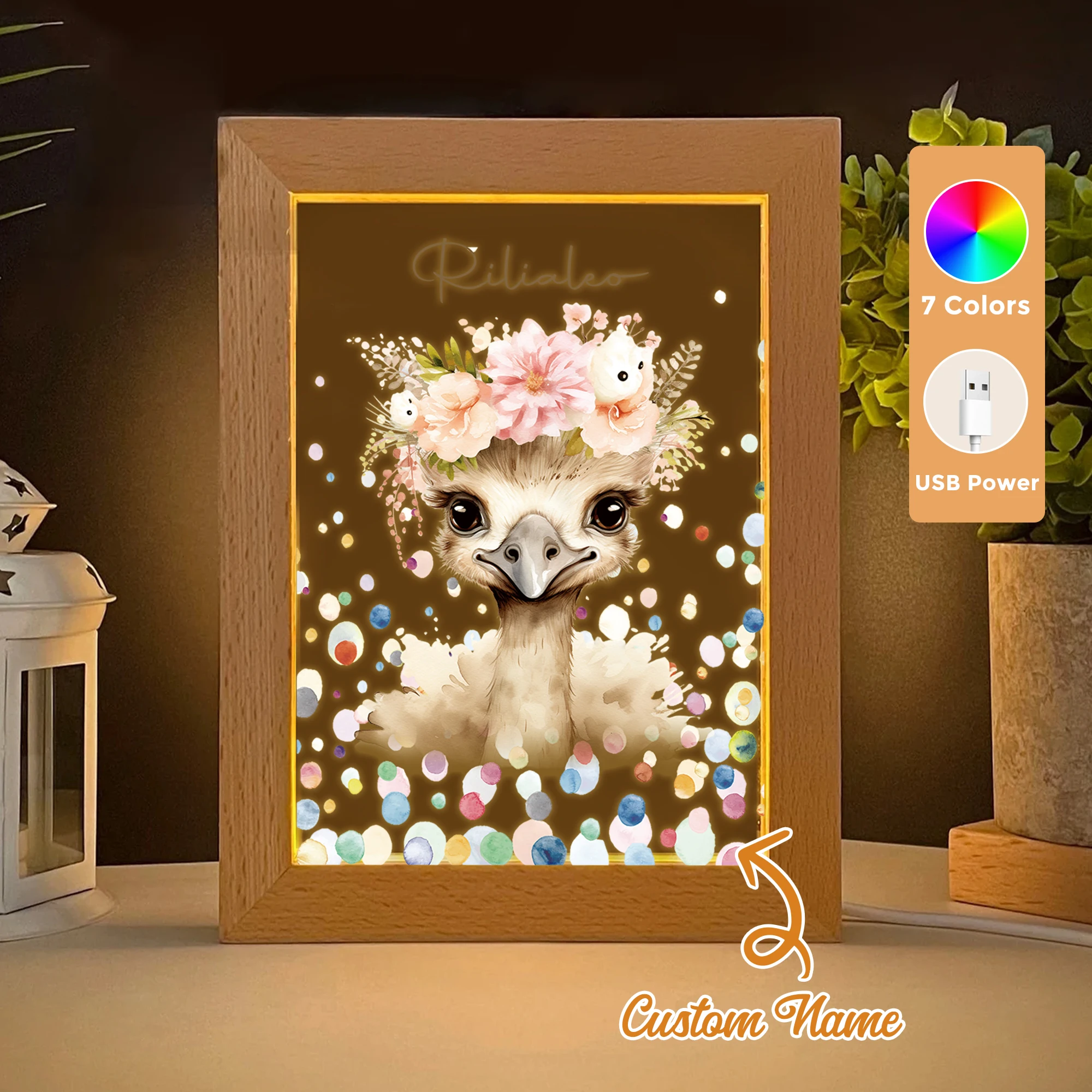 

2D Flat Custom Name Cartoon Ostrich With Wreath LED Acrylic Night Light Wood Photo Frame 21x17cm Child Bedroom Gifts Home Decor