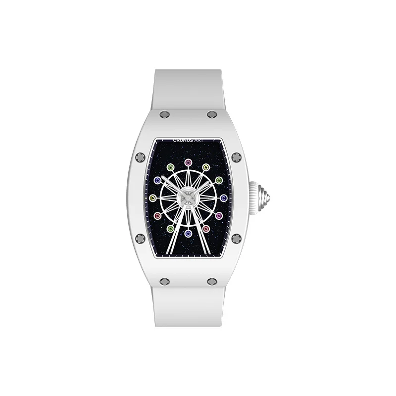 CRONUSART Orologio da donna di lusso Tonneau Orologio da polso al quarzo da donna Cassa in ceramica Cinturino in gomma fluorurata Quadrante ruota panoramica girevole