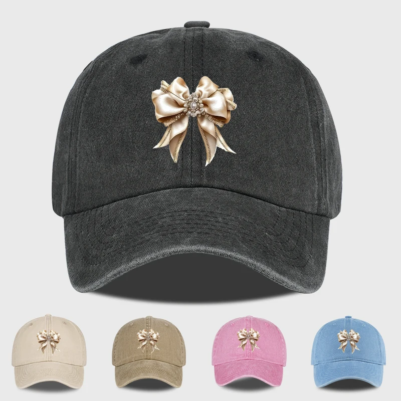 Satin Bow Print Washed Baseball Cap Adjustable Unisex Vintag