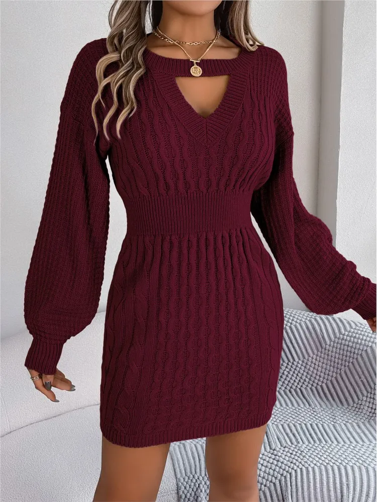 Women Autumn Winter New Style Solid Color Fried Dough Twists Sexy Cut Out Fashion Lantern Sleeve Round Neck Hip Wrap Wool Dress