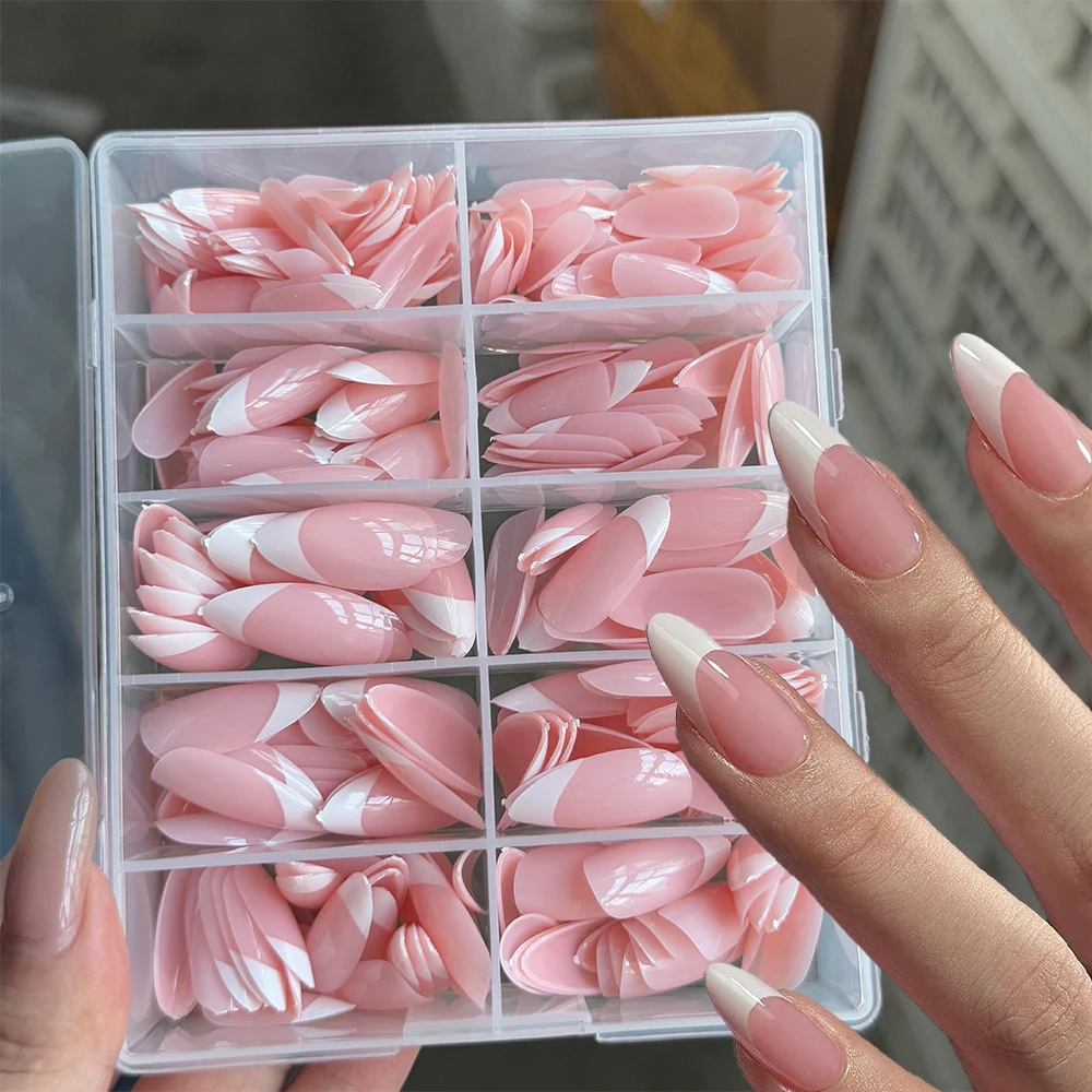 

360/240/120pcs Light Pink Almond Press On Nails Glossy White French Fake Nail Simple Full Cover Fake Nails Soft Gel Nail Tips*%&