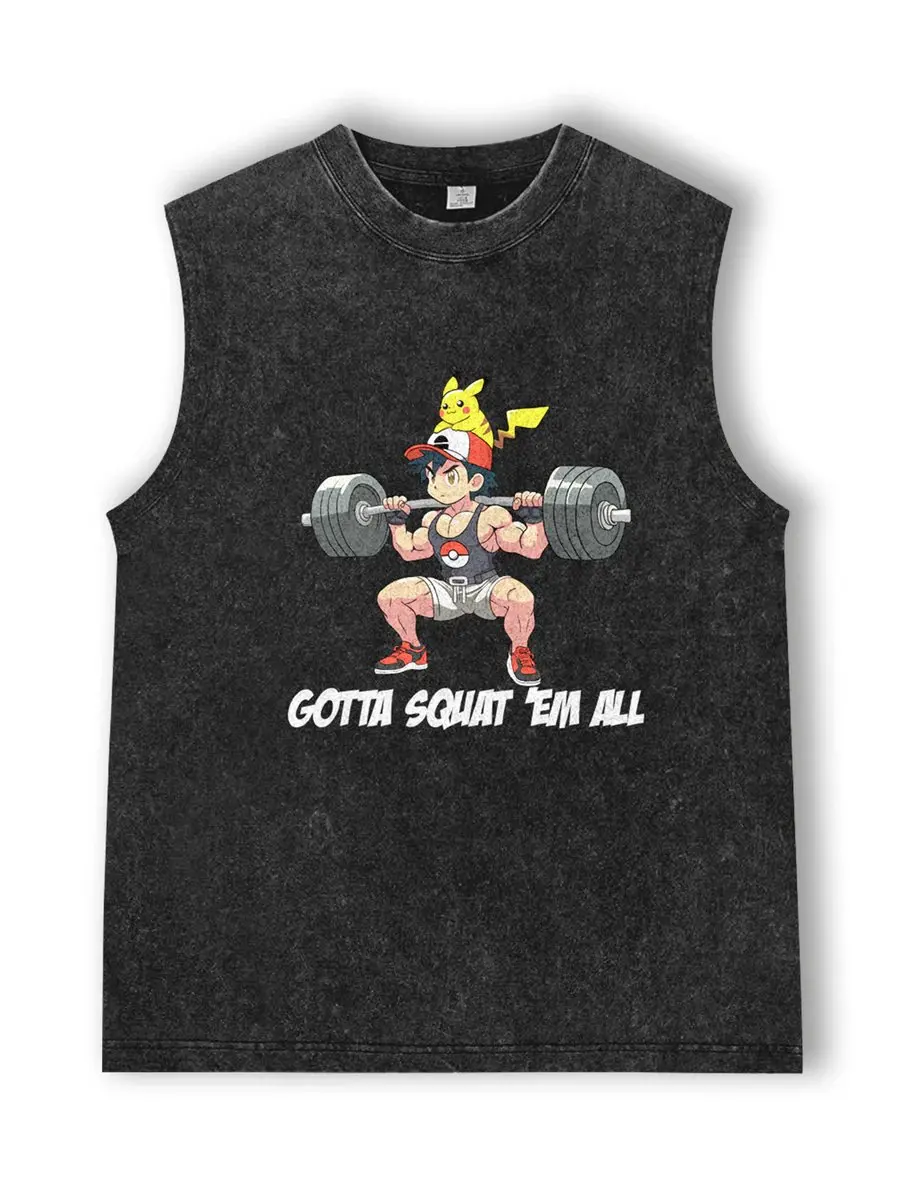 

2026 Pokemon Ash & Pikachu Acid Wash Tank Top, "Gotta Squat 'Em All" Gym Print, Oversized Cotton Workout Streetwear Tee