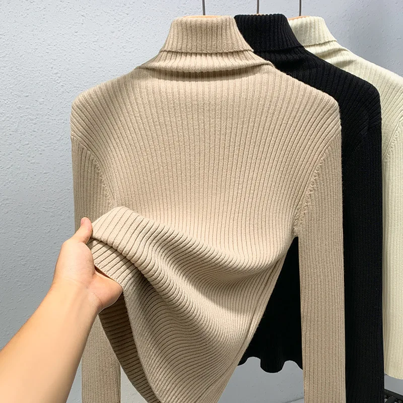 

Женская трикотажная базовая кофта с высоким воротом 2023 года. Новый женский свитер-пуловер в рубчик с отложным воротником, теплой внутренней подкладкой и поясом.
