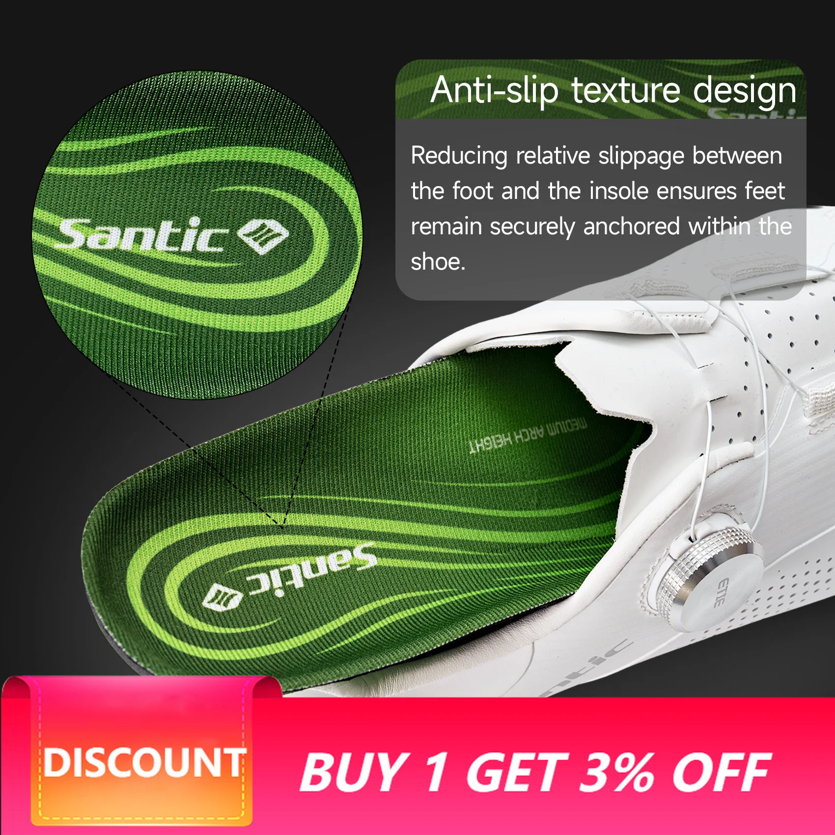 Santic Cycling Insoles Arch Support Anti‑Slip Shock Absorption Breathable Comfort Foot Pads for Road MTB Bikes TZ25P232