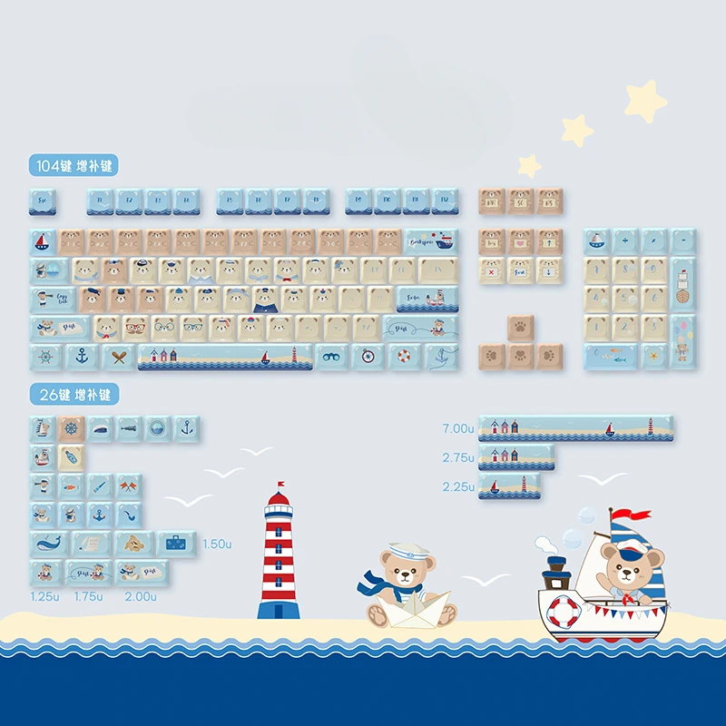 Nautical Bear Theme Keycaps Set PBT Sublimation PDA Profile Keycaps for Mechanical Keyboard Accessories Custom Cute Key Caps