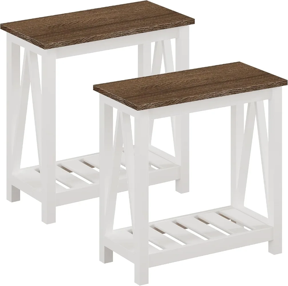 

End Table Set of 2, End Side Table with Storage Shelf for Small Spaces, Nightstand Sofa Table for Living Room, Bedroom White