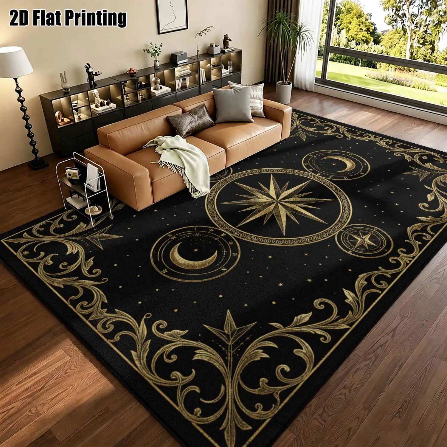1Pc 2D Printed Carpet with Black Gold Star Crescent Moon Patterns, Retro European Style, Washable, Multi-Size for Home Decor & Multi-Scenarios