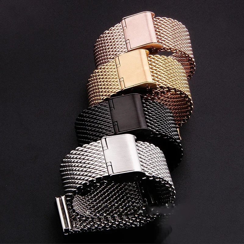 16 مللي متر 20 مللي متر 22 مللي متر ميلان حزام (استيك) ساعة سوار العالمي حزام (استيك) ساعة 0.6 مللي متر شبكة الفولاذ المقاوم للصدأ حزام الفضة ساعة سوداء اكسسوارات