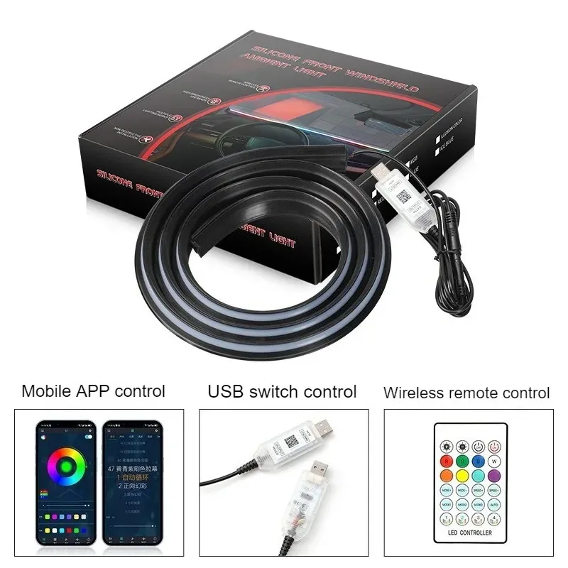 Car Universal Front Windshield Ambient Light Silicone Multi-Color Gradient Car LED Decorative Light with Remote Control APP