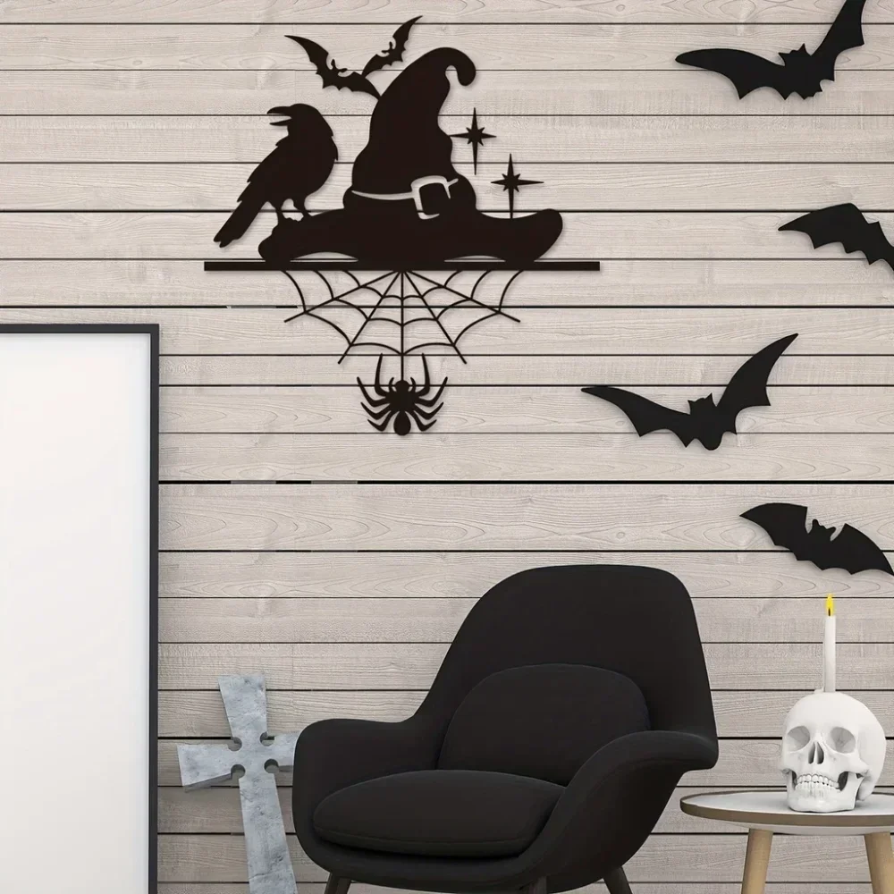 CIFBUY Wrought Iron Witch Hat Wall Decor Spider Web Bat Crow Sign Wall Art Day of the Dead Indoor Outdoor Metal Wall Hanging Orn - view 2