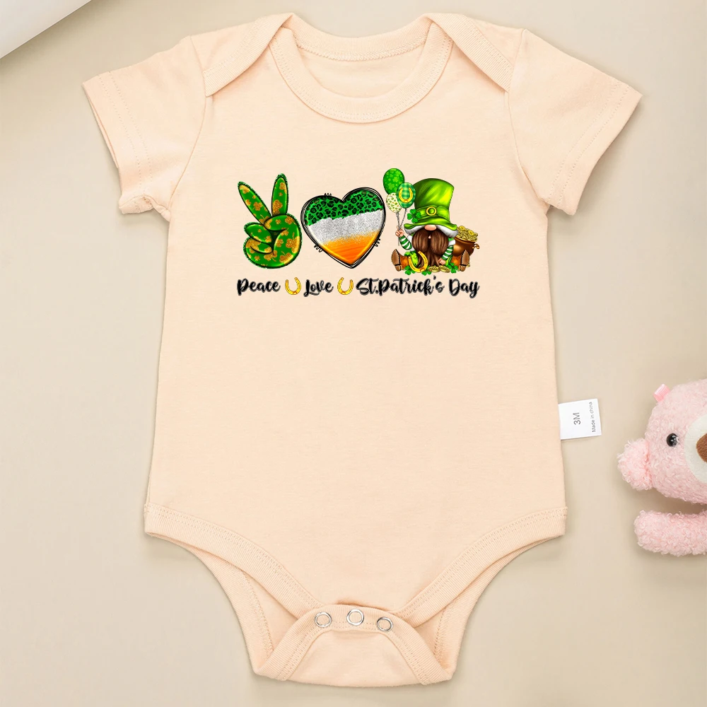 Peace Love St. Patrick's Day Baby Bodysuit Happy Festival Streetwear Cotton Toddler Jumpsuit Green Crew Neck Cozy Infant Onesie