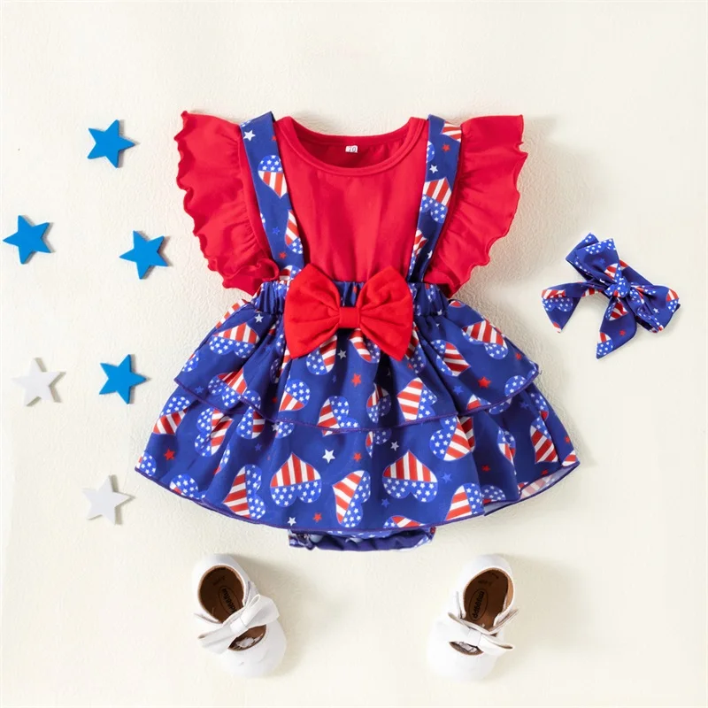 

Adorable Baby Girl Romper Set with Flutter Sleeves Striped Star Print and Matching Headband - Stylish Newborn Outfit