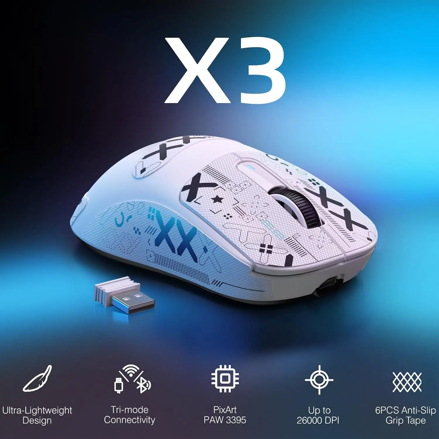 

ATTACK SHARK X3 Lightweight Wireless Gaming Mouse, 49g Tri-Mode,PAW3395 26K DPI Sensor, 200h Battery Life,5 Programmable Buttons