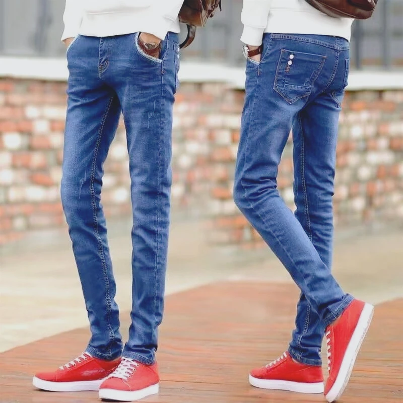 Onzichtbare kruisbroek Lente en herfst elastische jeans Heren Nauwsluitende kleine voeten Blauwe casual broek Heren Dating Mode