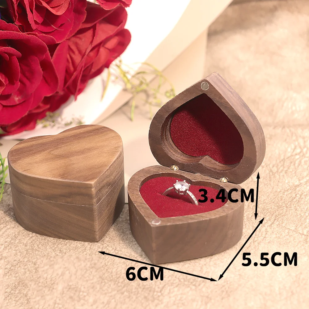 Wooden Heart Shape Ring Gift Box with 2 Slots For Laser Engraving Vintage Wood Jewelry Box for Proposal Engagement Wedding