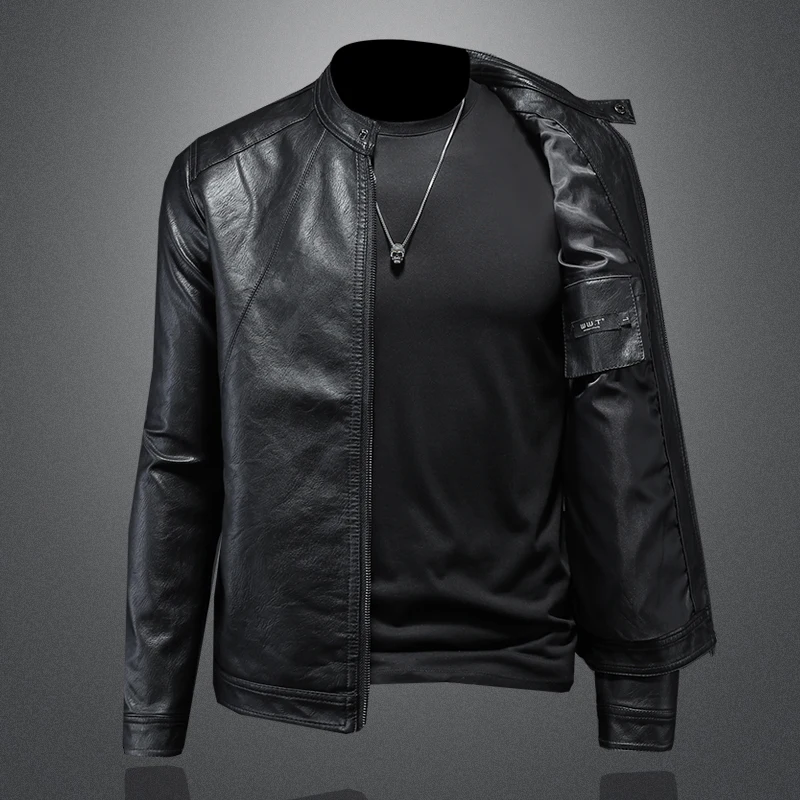 2024 Autumn and Winter New Fashion Handsome with Solid Color Men Stand Collar Motorcycle Leather Coat Slim Fashion   M-5XL