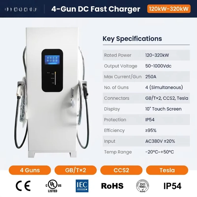 Customized 320KW Rapid EV Charging Station 4 Four Outputs Ethernet 4G Networking Smart Electric Vehicle Fast Charger For Gas St