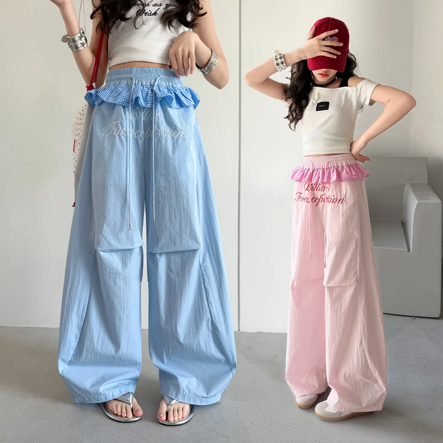 Girls summer thin lace wide-leg pants, dopamine style quick-drying pants for middle and large children, high-waisted embroidered