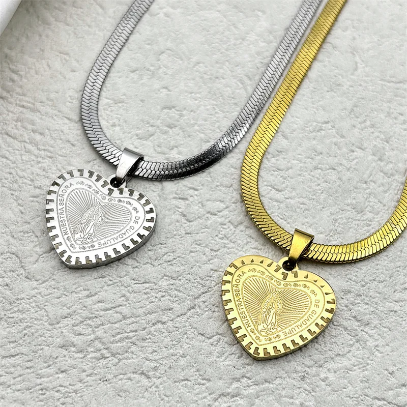 

Our Lady Virgin Mary Love Heart Pendant Necklace For Women Men Stainless Steel Gold Color Faith Catholic Amulet Chain Jewelry