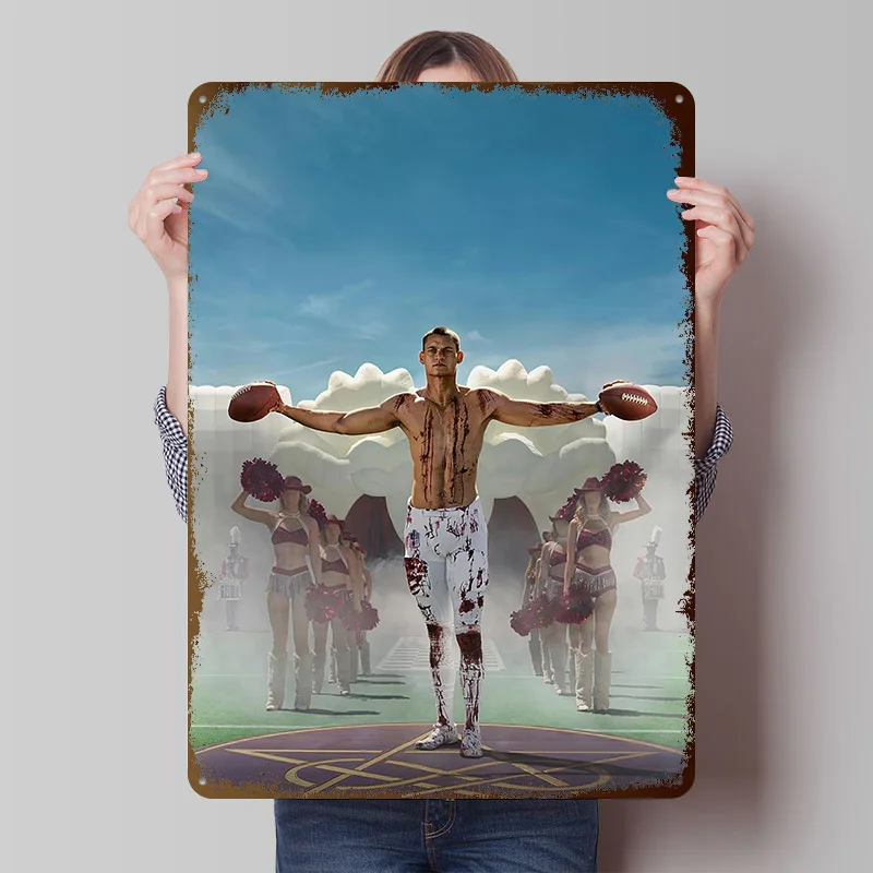 Football Player With Cheerleaders and Band Poster Customized Wall Art Vintage Metal Signs Retro Tin Plaque for Man Cave House
