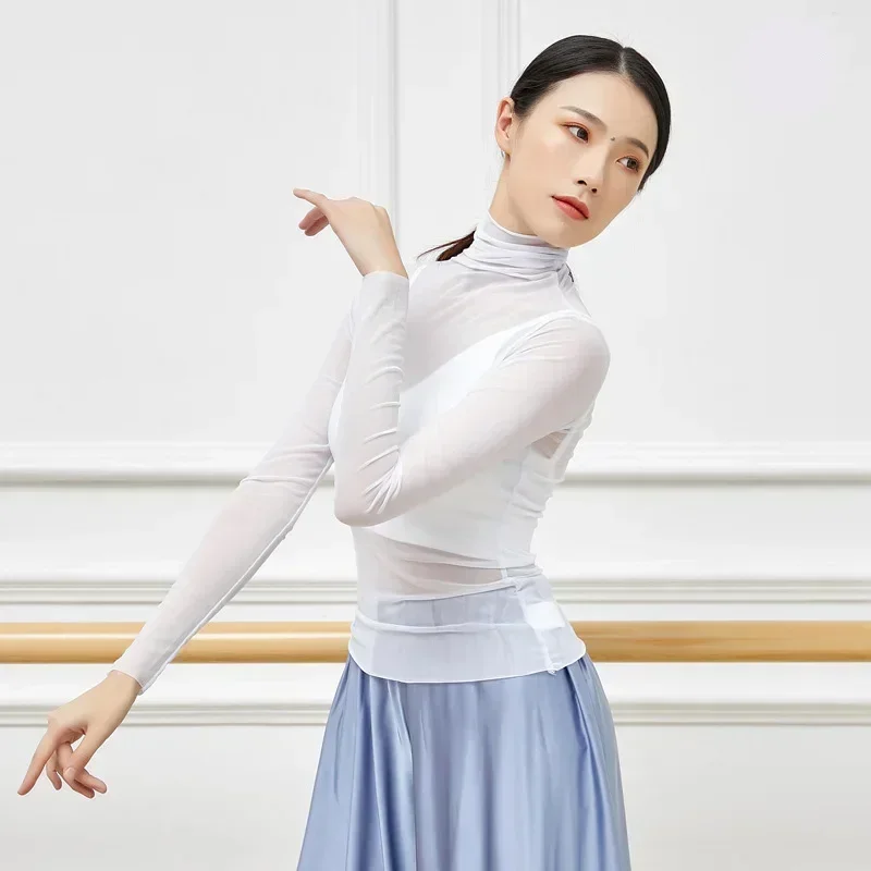 Adult Mesh Turtleneck Belly Dance Top Transparent Blouse Shirt Costume for Women Oriental Dance Clothes Dancer Wear Clothing