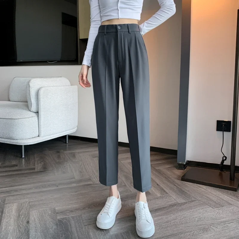 Women's High-Waisted Suit Pants 2024 Spring Summer Solid Button Casual Loose Ankle-Length Khaki Workwear Trousers Women