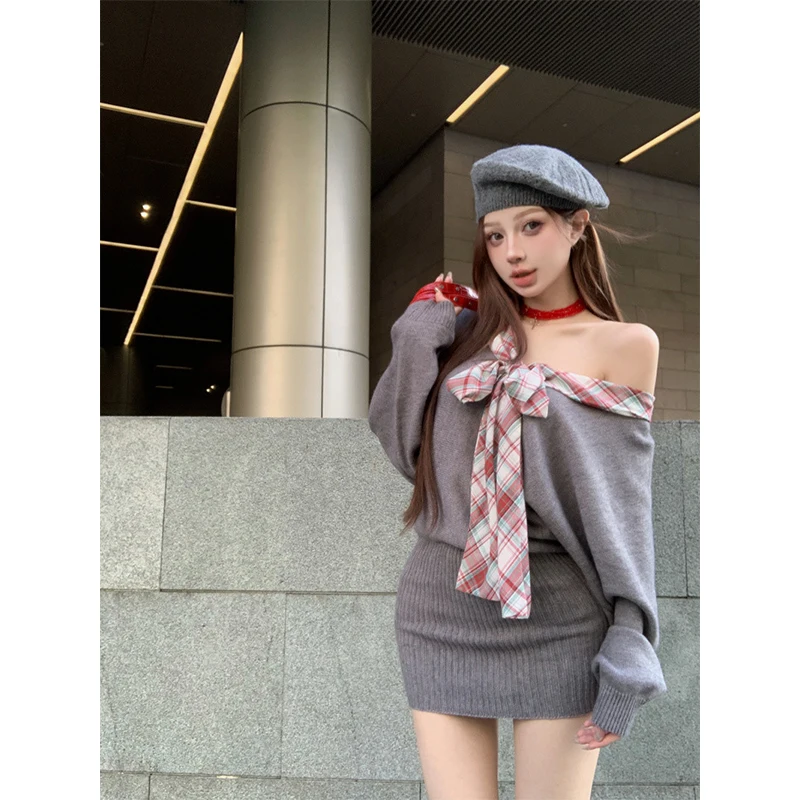 Mini abito lavorato a maglia con colletto obliquo Donna Y2K Plaid Patchwork Abiti maglione Inverno Sexy Gyaru Coreano Manica lunga Abiti aderenti