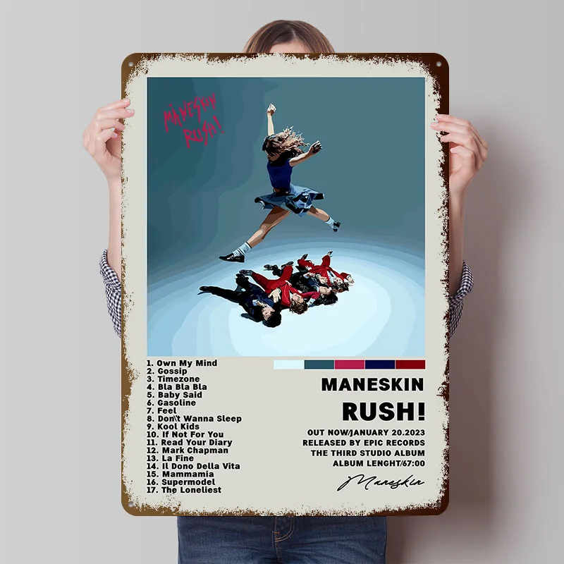 Maneskin Rush! Album Cover Art Tinplate Posters Customizable Wall Art Retro Vintage Metal Signs for Home Room Bar Accessories