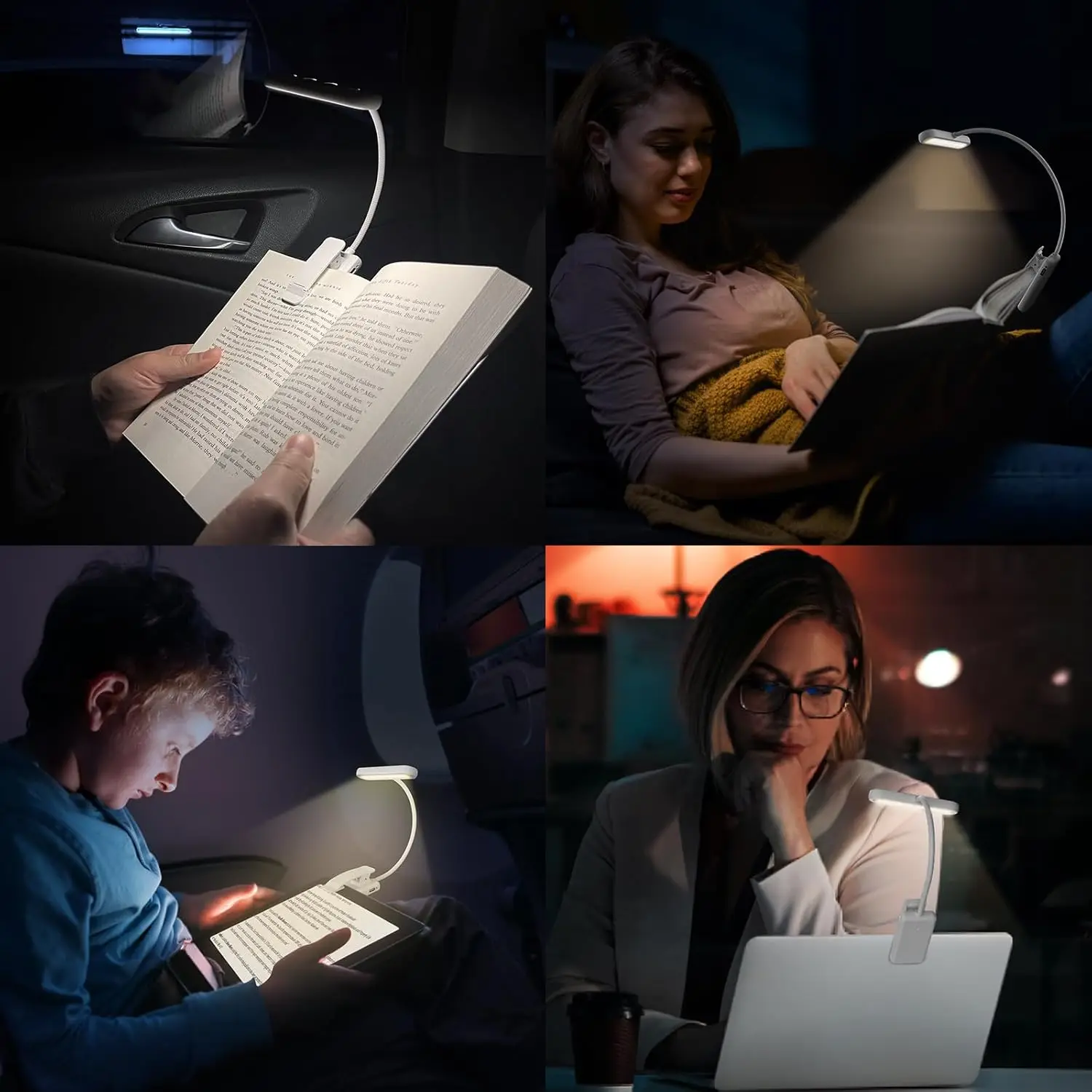 White Book Light USB Rechargeable Reading Light Warm Cool White Daylight Portable Flexible Easy Clip Night Reading Lamp