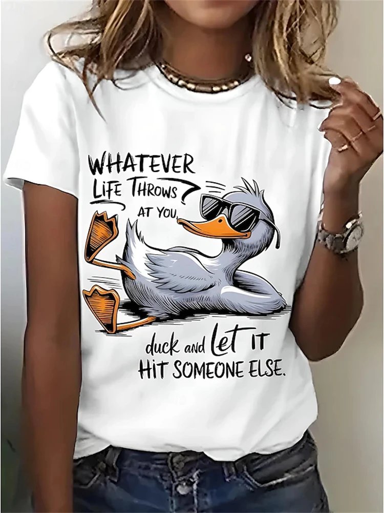Women's Casual Round-Neck Short-Sleeve T-Shirt Funny Duck Print Women's Top Outdoor Street Style Fashion Short-Sleeve