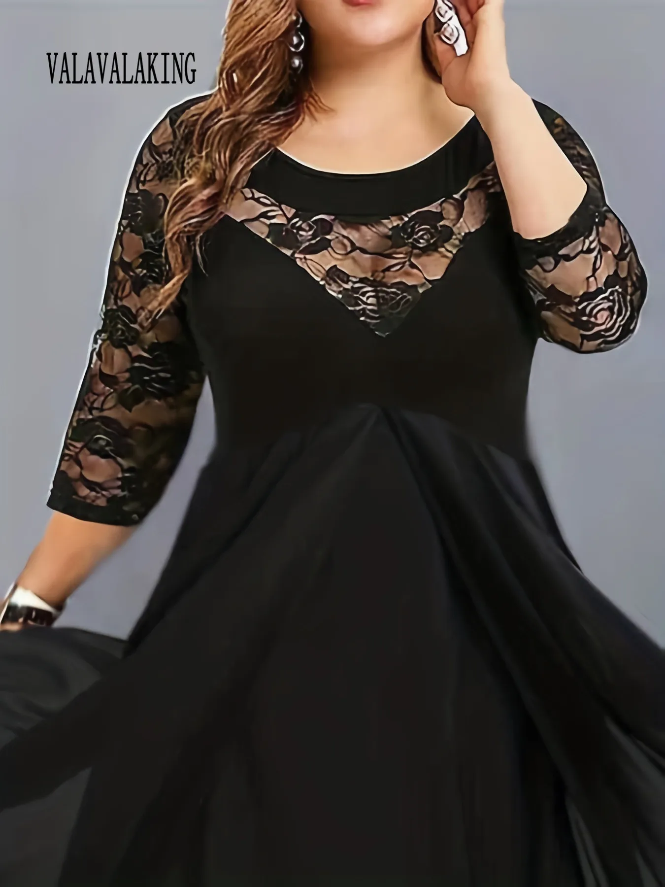 2025 Sexy Black Lace Plus Size Dress Women Short Sleeve Large Midi Dresses Ladies Chubby Curvy Pleated Long Evening Party Dress