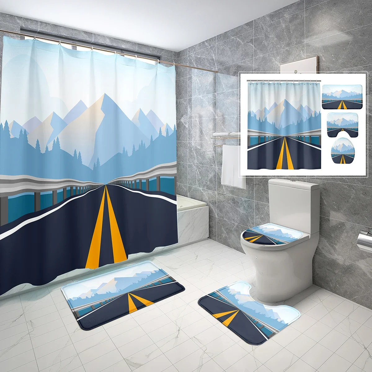 Cartoon Traffic Shower Curtain Sets 4 Pcs Kids Highway Road and Fence Non-slip Bath Mat Toilet Lid Waterproof Shower Curtain Set