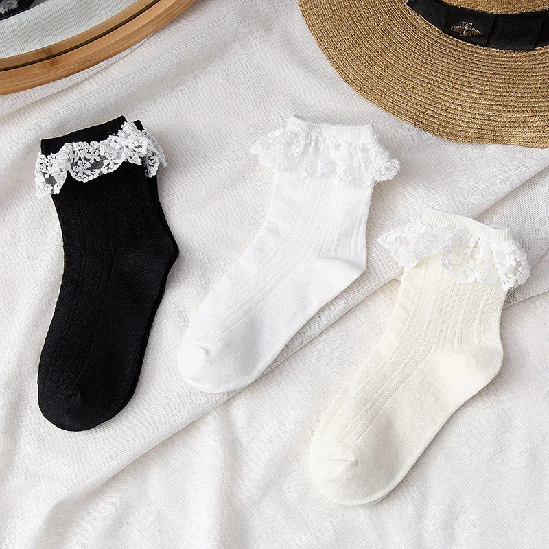 Lolita Lacework Ruffle Socks Sweet Girls Kawaii Cute Princess Socks JK Japanese Fashion Solid Color Black White Beige Long Socks