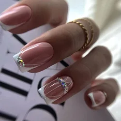 24pcs Fake Nails Square Head French Nail Arts Press on Nails Design False Nails With Flower Diamonds Waterproof Faux Fingernails