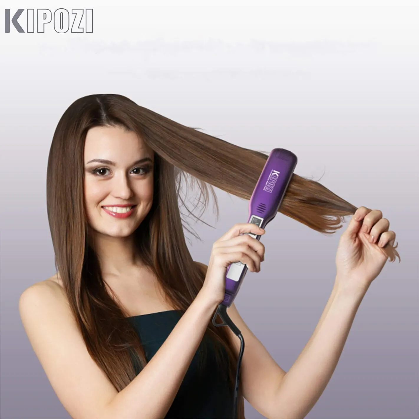 KIPOZI-Plancha de pelo plana profesional, rizadora de titanio de calentamiento instantáneo de doble voltaje, con pantalla LCD digital