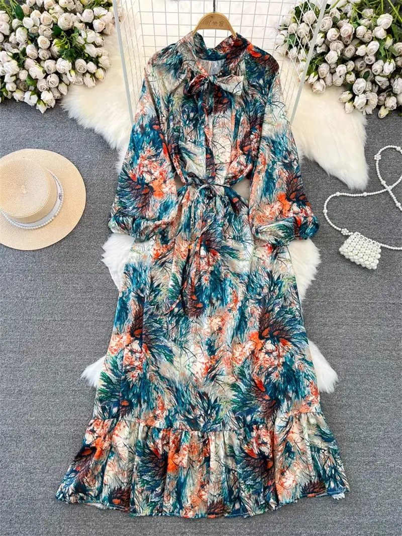 2024 Spring And Autumn Printed Dress Women's Temperament Long Sleeve Bow Tie Waist Slimming A-Line Maxi Dress Lace Up Robe Z4200