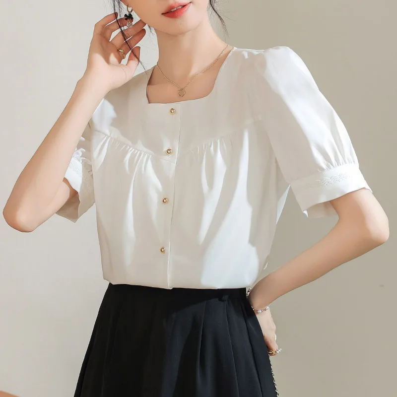 Women Clothing French Elegant Solid Short Sleeve Shirts Summer Fashion Patchwork Folds White Blouses Office Lady Chic Sweet Tops