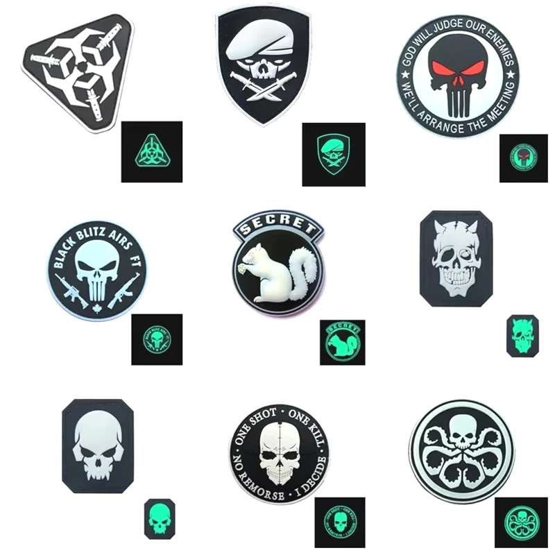 

Black and white PVC noctilucent Hook and Loop Patch，Punisher skull Morale badge，clothing Tactical outdoor accessories Patches