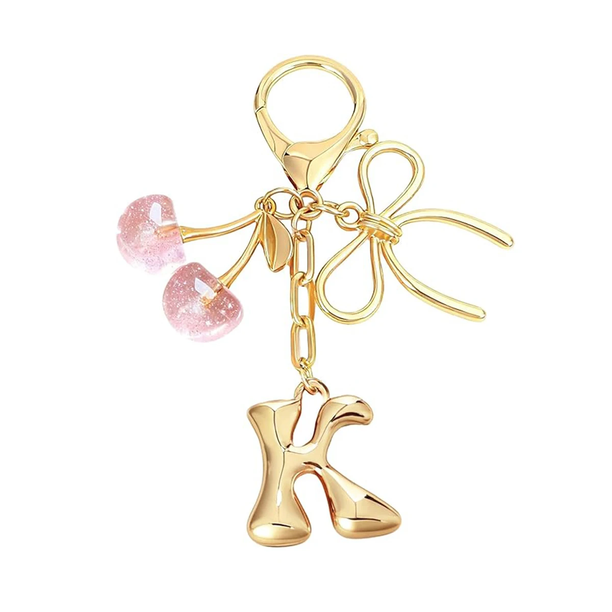 Gold Letter Bubble Initial Keychain with Bow & Cherry, Cute Handbag Accessory